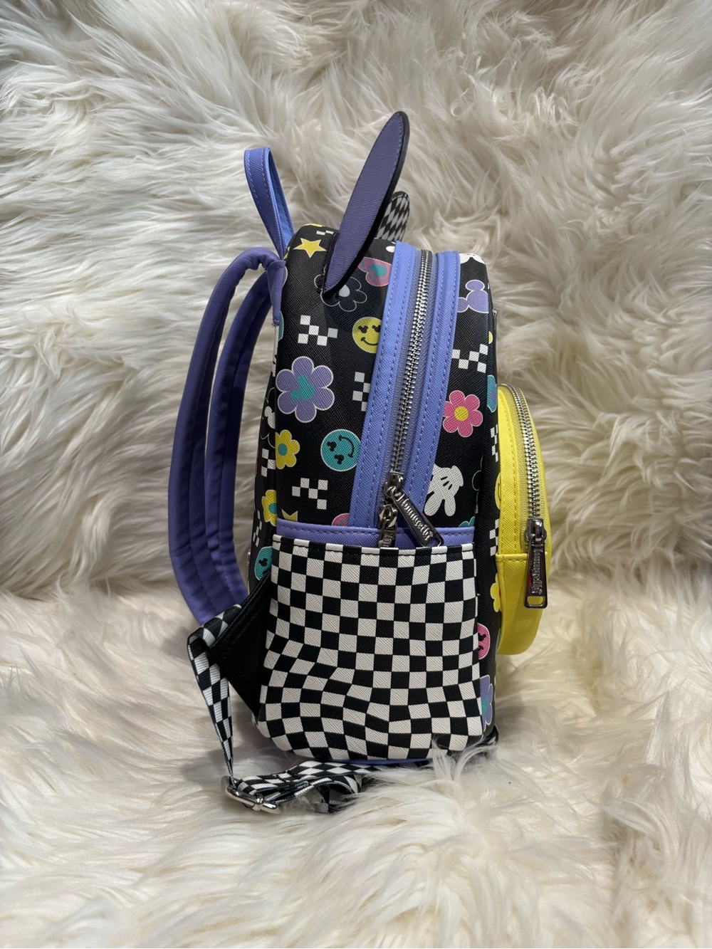 Loungefly Mickey Mouse Y2K Checkered Mini Backpack With Smiley Face Front - Picture 4 of 6